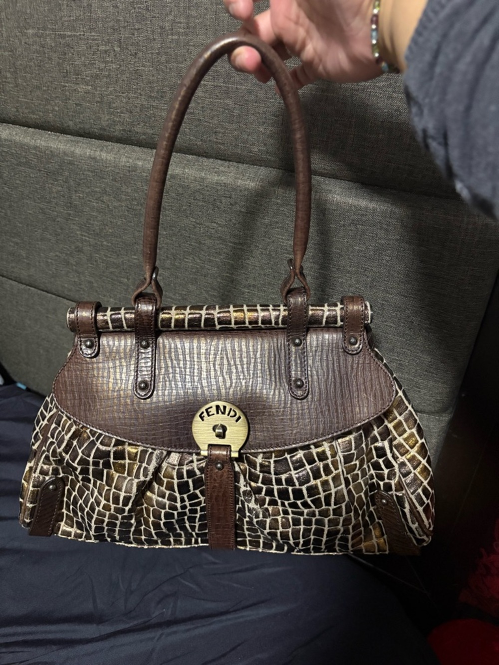 FendiBrown Croc-Embossed Magic Bag with Gold-Tone Turn Lock